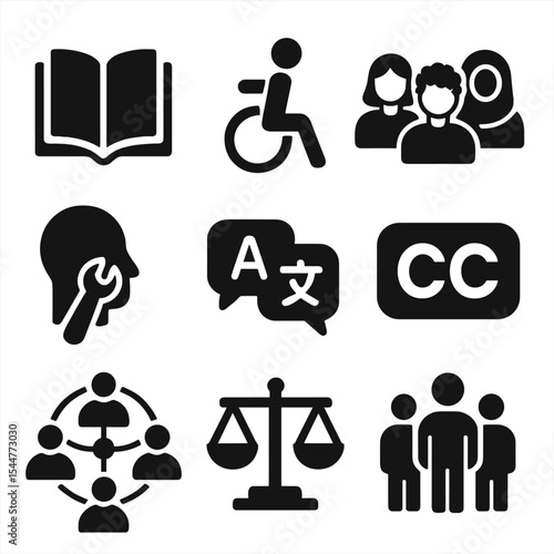 Inclusive Education Icons. Solid, filled icons set of accessible education for all