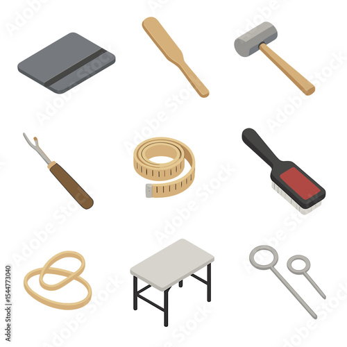 Parachute Tool Icons. Isometric Flat icon set of parachute packing tools: packing mat, packing paddle, mallet, seam ripper,