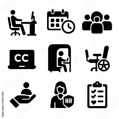 Inclusive Workspace Icons. Solid, filled icons set of safe and inclusive workspaces: ergonomic desk, flexible