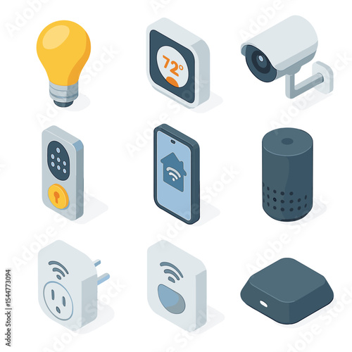 Smart Home Icon Set. Isometric Flat icon set of smart home control: light bulb, thermostat, security camera, smart lock, speaker,