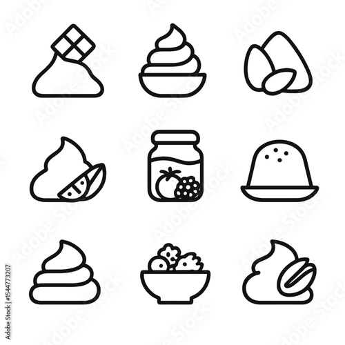 Pastry Fillings Icons. Outline icon set of pastry fillings and creams: chocolate ganache, vanilla pastry cream, almond paste,