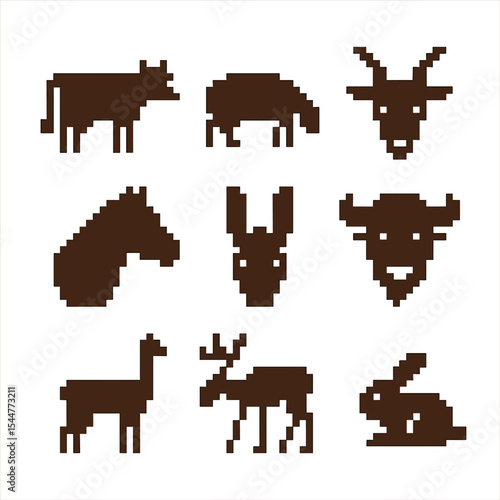 Pasture Animal Icons. Pixel art icon set of pasture animals: cow silhouette, grazing sheep, goat head, horse profile, donkey ears,