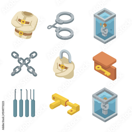 Escape Act Icons. Isometric Flat icon set of escape acts: straitjacket, handcuffs, water tank, chains, straightjacket padlock, key