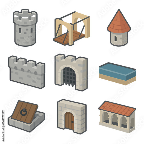Isometric Estate Icons. Isometric Flat icon set of historical estate features: stone tower, drawbridge, turret roof, crenellated