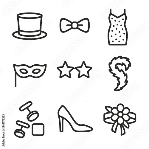 Party Outfit Icons. Outline icon set of party attire and accessories: top hat, bow tie, sequin dress, party mask, glitter glasses,