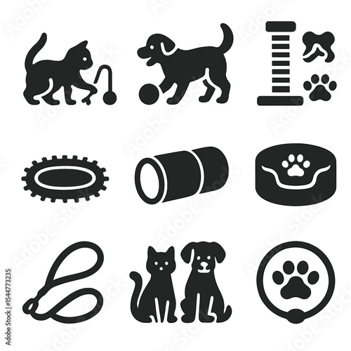 Indoor Pet Play Icons. Solid, filled icons set of indoor pet play: cat with toy, dog with ball, scratching post, treat icon, cozy rug, pet tunnel, pet bed, leash, pet play.