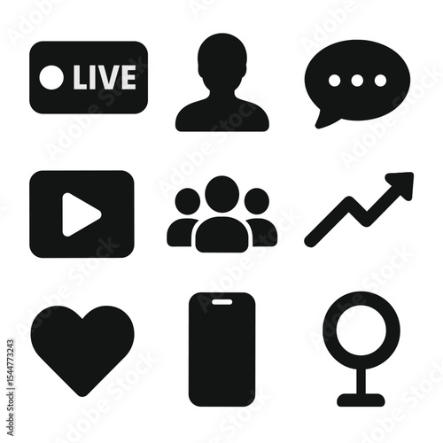 Influencer Icon Set. Solid, filled icons set of influencer live streaming: live video icon, influencer, comment bubble, video play, audience icon, engagement arrow, heart icon, smartphone, ring light.