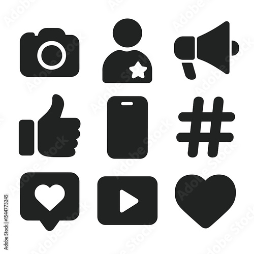 Influencer Icons Grid. Solid, filled icons set of social media influencer marketing: camera icon, influencer, megaphone, smartphone, thumbs up, hashtag, engagement icon, video play, heart icon.