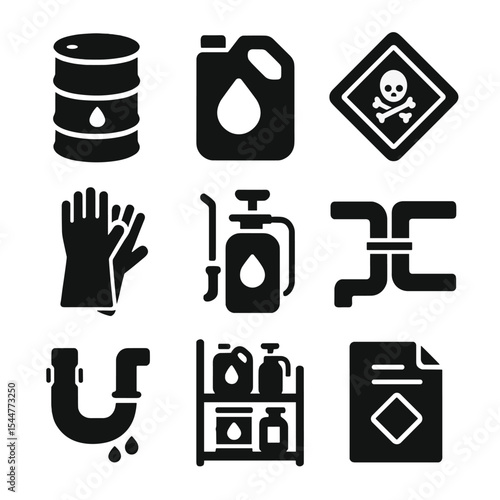 Industrial Cleaning Icons. Solid, filled icons set of industrial cleaning chemicals: barrel, chemical jug,