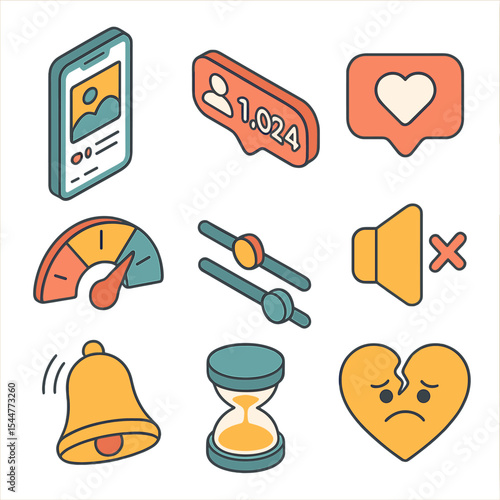 Social Media Icon Set. Isometric Flat icon set of managing social media envy: smartphone feed, follower count, like icon,