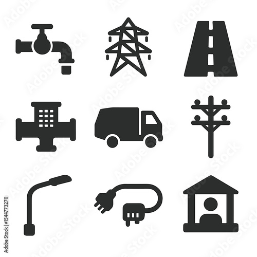 Infrastructure Demand Icons. Solid, filled icons set of infrastructure demands from sprawl: water pipe, power