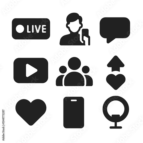 Influencer Icon Set. Solid, filled icons set of influencer live streaming: live video icon, influencer, comment bubble, video play, audience icon, engagement arrow, heart icon, smartphone, ring light.