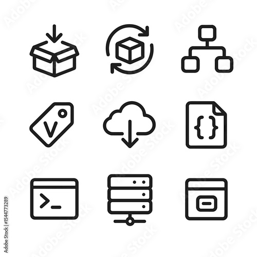 Software Package Icons. Outline icon set of software package management: package box, install arrow, update loop, dependency tree,