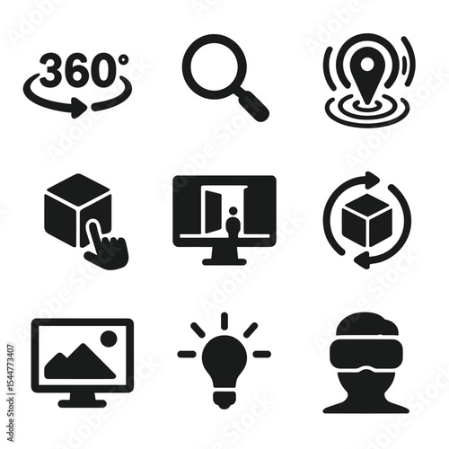 Interactive Demo Icons. Solid, filled icons set of interactive demos: 360-degree view, zoom tool, interactive
