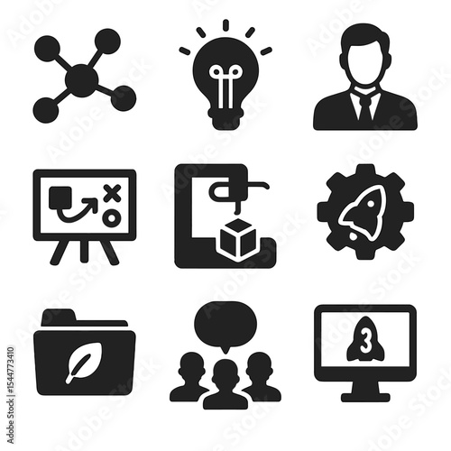 Innovation Hub Icons. Solid, filled icons set of innovation hubs: hub network, creative bulb, entrepreneur