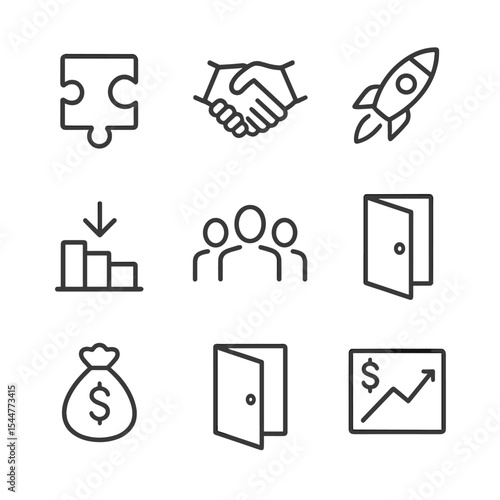 Exit Strategy Icon Set. Outline icon set of exit strategy options: acquisition puzzle piece, merger handshake, IPO rocket,