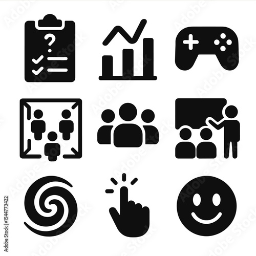 Interactive Learning Icons. Solid, filled icons set of interactive learning experiences: quiz icon, poll wave,