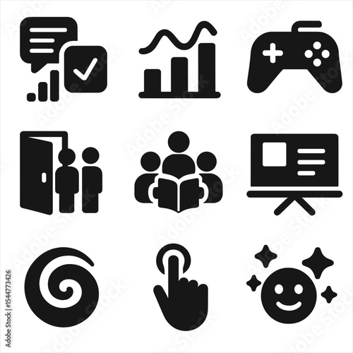 Interactive Learning Icons. Solid, filled icons set of interactive learning experiences: quiz icon, poll wave,