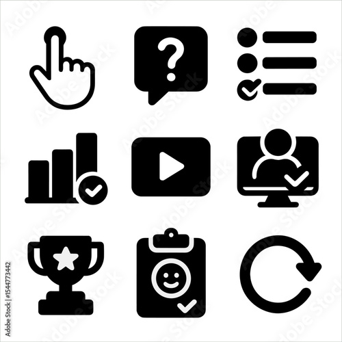 Interactive Learning Icons. Solid, filled icons set of interactive learning elements