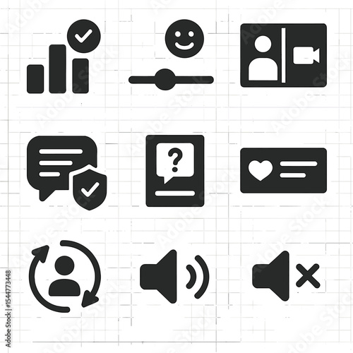 Interactive Livestream Icons. Solid, filled icons set of interactive livestream tools: real-time poll, emoji