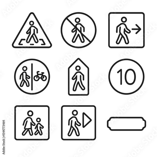 Pedestrian Sign Icons. Outline icon set of pedestrian signage: pedestrian crossing sign, no pedestrians sign, pedestrian detour,