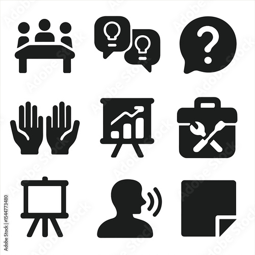Interactive Workshop Icons. Solid, filled icons set of interactive workshops: workshop table, idea exchange,