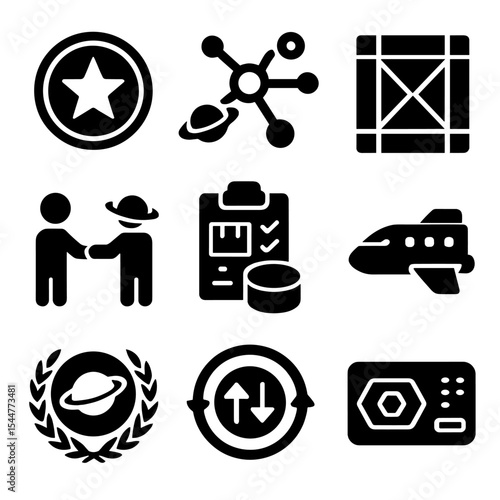 Intergalactic Trade Icons. Solid, filled icons set of intergalactic trade and economy: galactic credit icon,