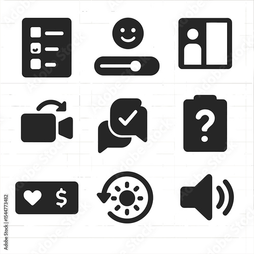 Interactive Livestream Icons. Solid, filled icons set of interactive livestream tools: real-time poll, emoji