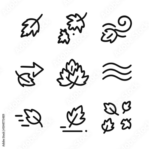 Falling Leaf Icons. Outline icon set of leaf falling scenes: single falling leaf, cluster falling, swirl pattern, gust arrow, leaf