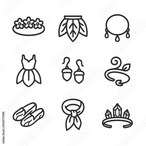 Fairy Attire Icons. Outline icon set of fairy attire and jewelry: flower crown, leaf skirt, dewdrop necklace, petal dress, acorn