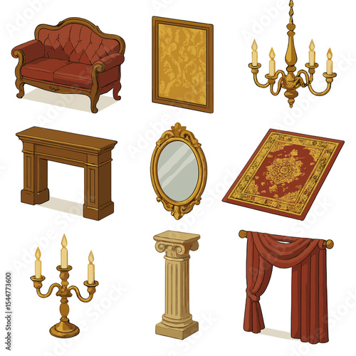 Period Drama Icons. Isometric Flat icon set of period drama set pieces: antique sofa, ornate wallpaper panel, vintage chandelier,