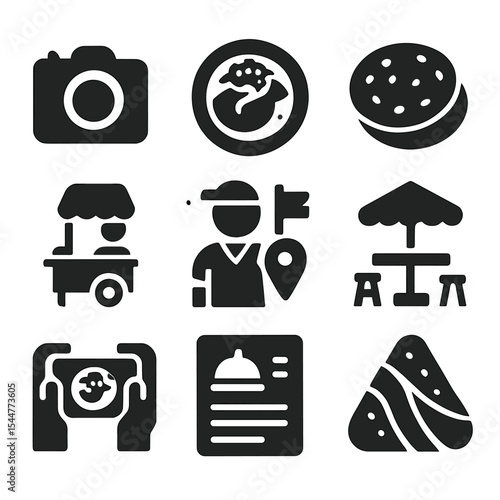 International Cuisine Icons. Solid, filled icons set of international cuisine stories: camera, local plate,