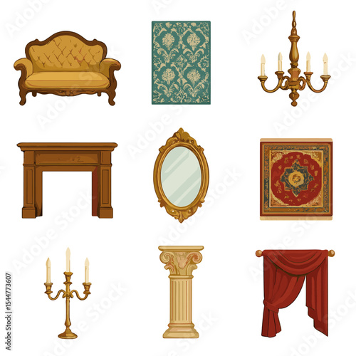 Period Drama Icons. Isometric Flat icon set of period drama set pieces: antique sofa, ornate wallpaper panel, vintage chandelier,