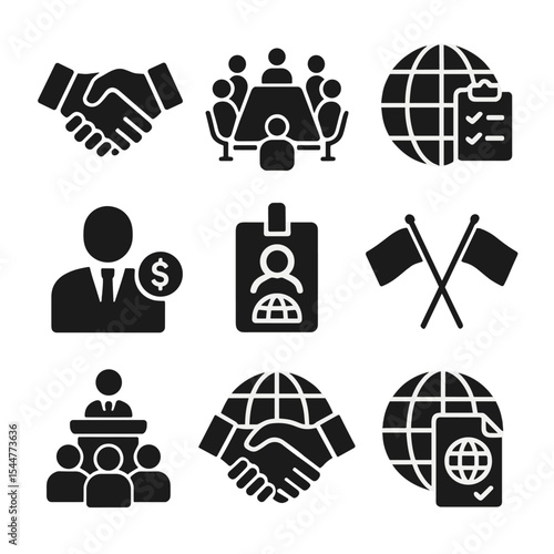 International Summit Icons. Solid, filled icons set of international economic summits: handshake icon,