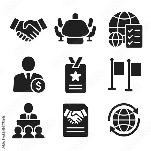 International Summit Icons. Solid, filled icons set of international economic summits: handshake icon,