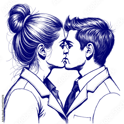 Couple kissing in vintage sketch style in blue ink on white background  