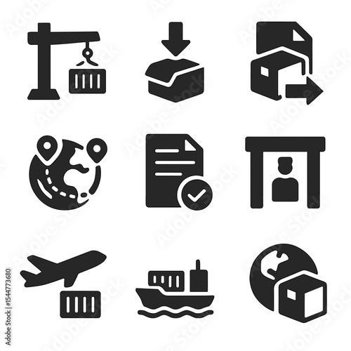 International Trade Icons. Solid, filled icons set of international trade logistics: port crane, import icon,