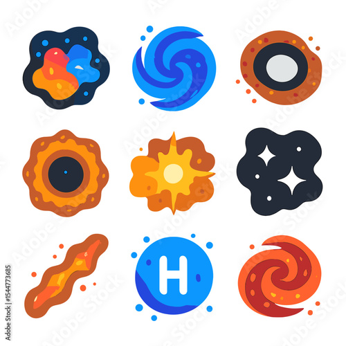 Interstellar Icons Grid. Solid, filled icons set of interstellar nebulae and remnants: colorful cloud, gas
