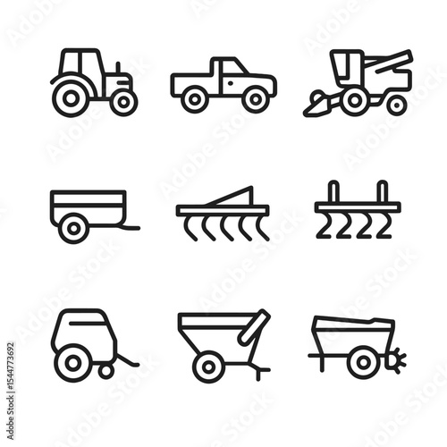 Farm Equipment Icons. Outline icon set of farm vehicles and equipment: tractor, pickup truck, combine harvester, trailer, plow,