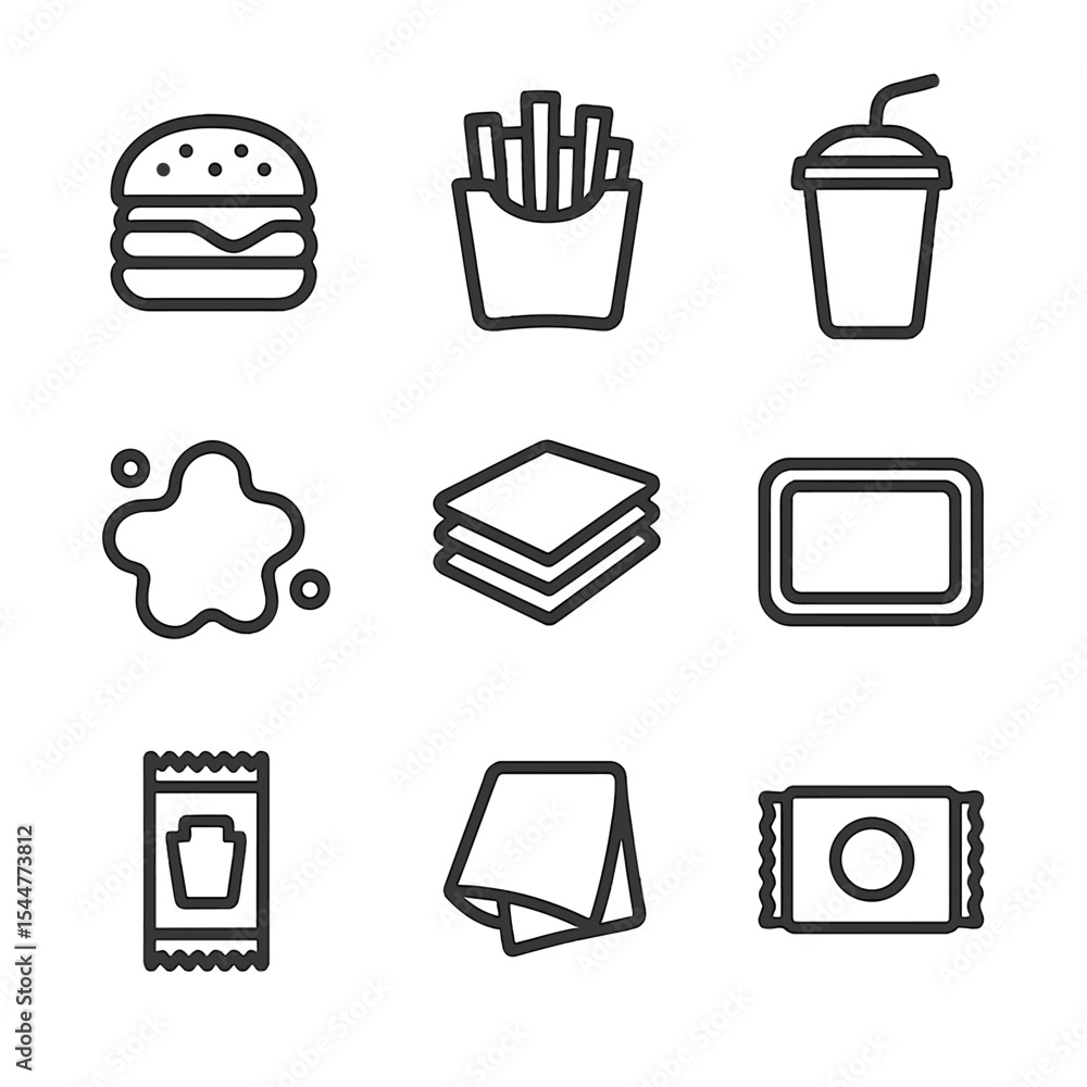 Fast Food Icons. Outline icon set of fast food hand grease: burger, french fries, soda cup, grease stain, napkin stack, tray liner Fast Food Icons. Outline icon set of fast food hand grease: burger, french fries, soda cup, grease stain, napkin stack, tray liner