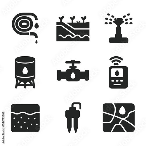 Irrigation Icons Grid. Solid, filled icons set of irrigation and water management: drip hose, irrigation canal