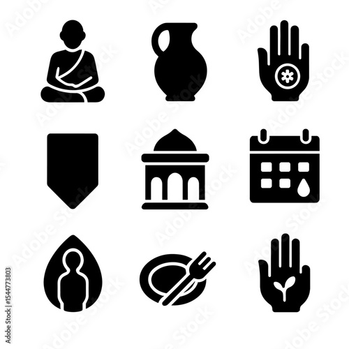 Jain Fasting Icons. Solid, filled icons set of Jain fasting customs: spiritual monk, water vessel, hand of non
