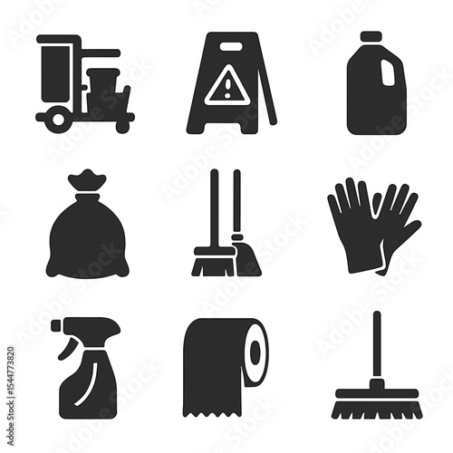 Janitorial Icon Set. Solid, filled icons set of janitorial supplies: cleaning cart, caution sign, refill
