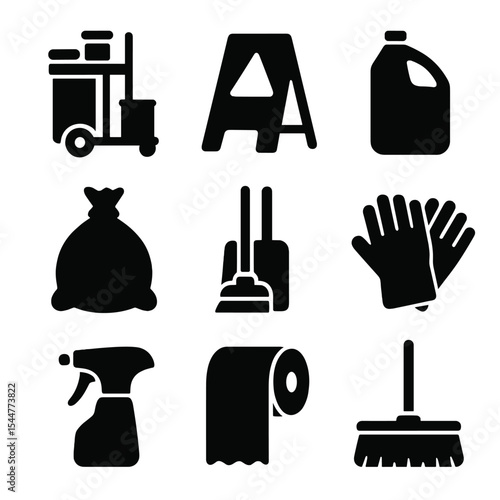 Janitorial Icon Set. Solid, filled icons set of janitorial supplies: cleaning cart, caution sign, refill