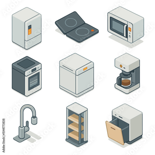Space-Saving Kitchen Appliances. Isometric Flat icon set of space-saving smart kitchen appliances: compact smart refrigerator,
