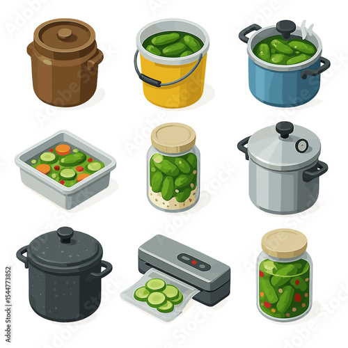 Pickling Methods Icons. Isometric Flat icon set of pickling methods: fermentation crock, brine bucket, boiling brine pot,