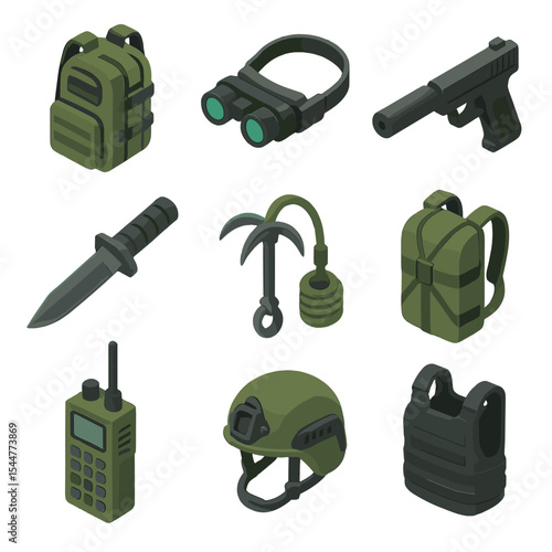 Special Forces Gear Icons. Isometric Flat icon set of special forces gear: tactical backpack, night vision goggles, silenced