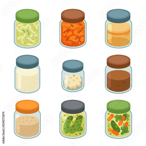 Fermentation Jar Icons. Isometric Flat icon set of fermentation jars: sauerkraut kraut, kimchi jar, kombucha SCOBY, yogurt culture