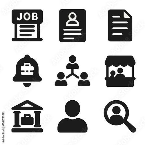 Job Search Icons. Solid, filled icons set of job search tools: job board, resume template, cover letter, job alert, networking event, career fair, recruitment agency, profile, search magnifier.