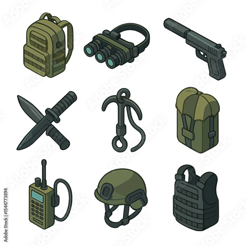 Special Forces Gear Icons. Isometric Flat icon set of special forces gear: tactical backpack, night vision goggles, silenced